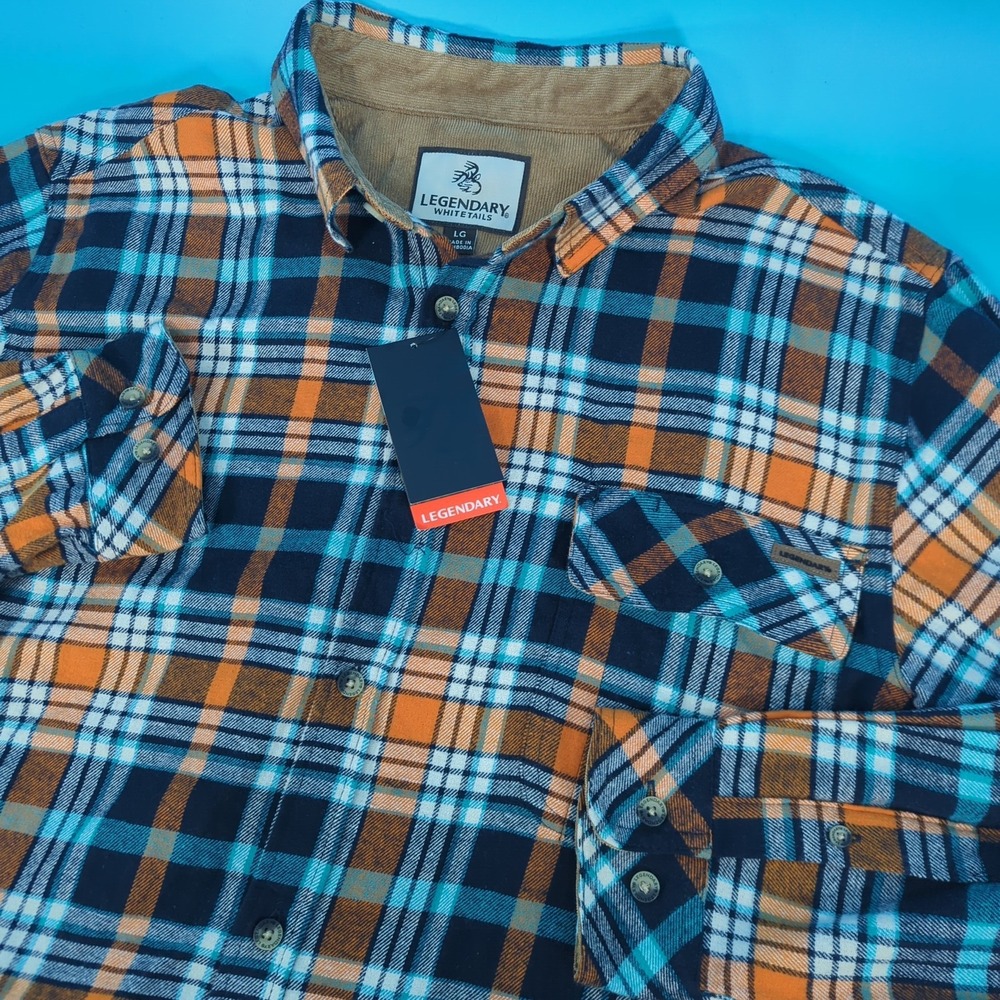 Legendary Whitetails Mens Buck Camp Flannel Shirt Blue Orange Plaid L 6464 NWT
